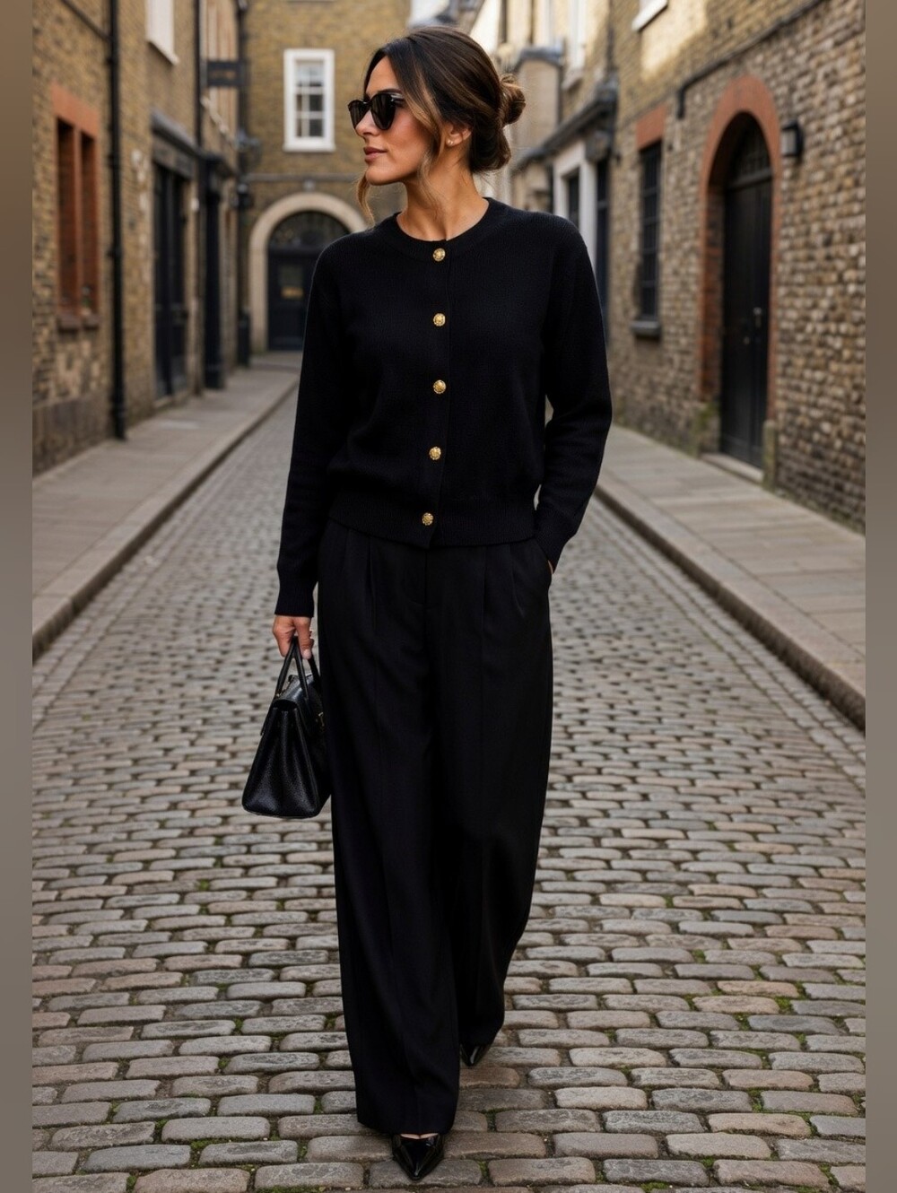 Ballantyne Vintage Black Merino 2000 Gold Toned Button-Front Cardigan Sweater 46
